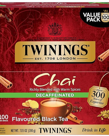 Twinings Decaffeinated Chai Individually Wrapped Bags, 100 Count (Pack of 1), Sweet, Savoury Spices, Enjoy Hot or Iced, 100 Teabags