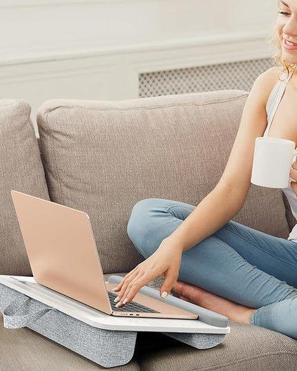 Besign LT08 Laptop Stand, Portable Lap Desk with Pillow Cushion, Fits up to 14 inch Laptop, with Anti-Slip Strip for Desk, Sofa & Bed, White and Gray