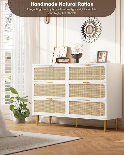 Garvee Rattan Dresser with 6 Drawers, Tall Modern Closet with Deep Storage, Large Chest of Drawers with Wide Top, Long Wooden Dresser for Bedroom, Living Room, Hallway, Kids Room, White