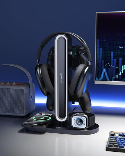 HiWe Universal RGB Gaming Headphone Stand with 2 Controller Holder, Wireless Charger for iPhone/iWatch, Solid ABS, Non-Slip Base, with USB-A & USB-C Outputs, Adatper Included, Black