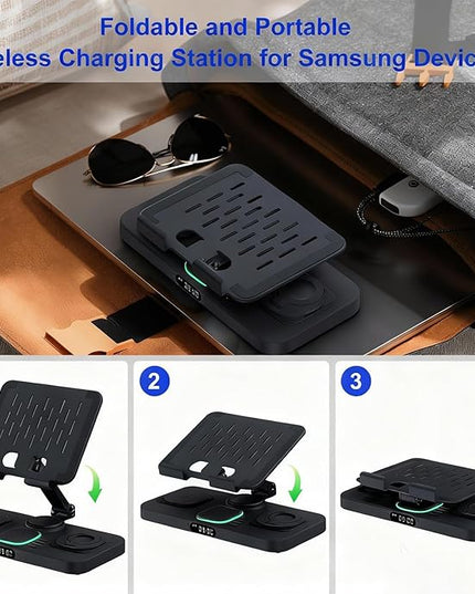30W Tablet Wireless Charger for Samsung, Foldable Android Charging Station with Clock Display with 7-Color Light, Wireless Watch Charger for S25, Only Compatible Samsung Watch, Galaxy Buds3 Pro(Black