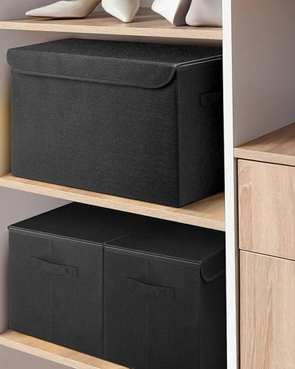 Large 17" 42 Quarts Collapsible Stackable Storage Bins with Lids [3-Pack] Foldable Fabric Linen Storage Boxes Cube, Closet Organizer Baskets with Label (16.7 x 12 x 12, Black)