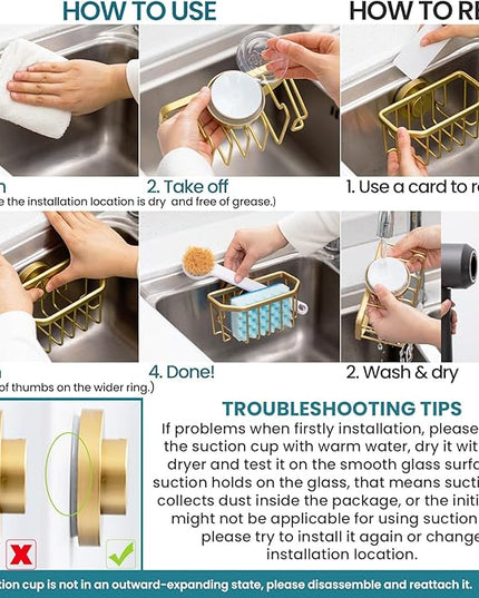 TAILI Sponge Holder for Kitchen Sink with Strong Suction Cup Removable, Rustproof Aluminum Sink Caddy for Sponge, Brush, Scrubber, Scraper -Gold