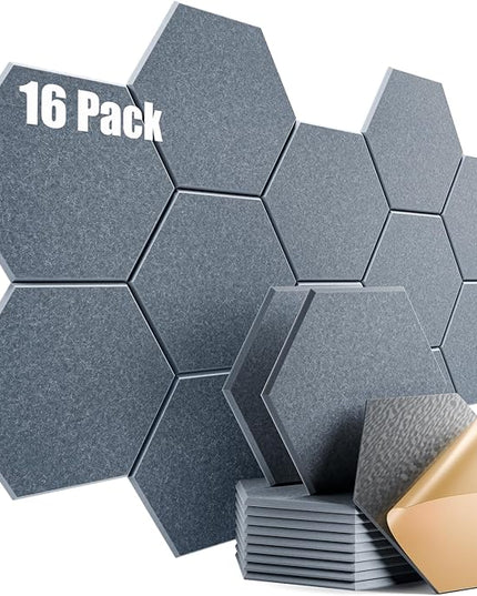 16 Pack Self-Adhesive Acoustic Panels 12" X 10" X 0.4" - Sound Proof Foam Panels for Wall with High Density, Hexagon Design, Flame Resistant, Absorb Noise and Eliminate Echoes(Gray)