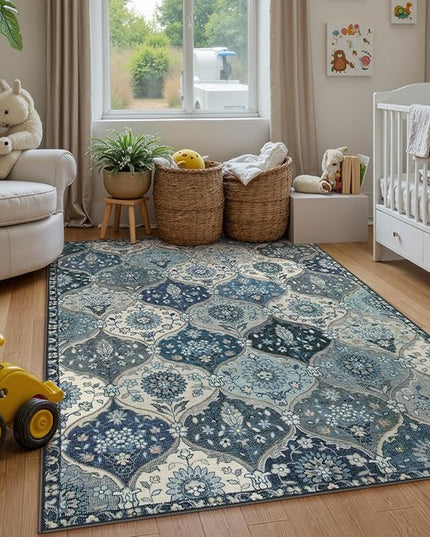 Lahome Moroccan Washable Area Rug 6x9, Ultra-Thin Large Living Room Rugs for Bedroom, Oriental Trellis Distressed Non Shedding Throw Carpet for Dining Room Office, Blue