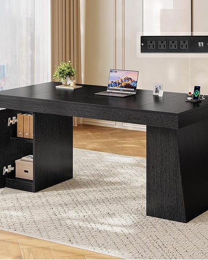 55.9 in Executive Desk with Power Outlets, Modern Home Office Desk with Storage Cabinet, Wood Computer Desk Business Workstation Desk Conference Table, Black (Storage Cabinet)
