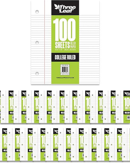 THREE LEAF 100 SHEETS COLLEGE RULED FILLER PAPER, PACK OF 24, LOOSE-LEAF SHEETS FOR SCHOOL AND OFFICE 100 CT. FILLER PAPER, NOTEBOOK PAPER