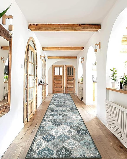 Lahome Moroccan Hallway Runner Rug Non Slip, 2x10 Washable Runner Rugs for Hallway 2x10 Vintage Ultra-Thin Throw Long Carpet for Kitchen Entryway Bedroom Laundry Room, Blue