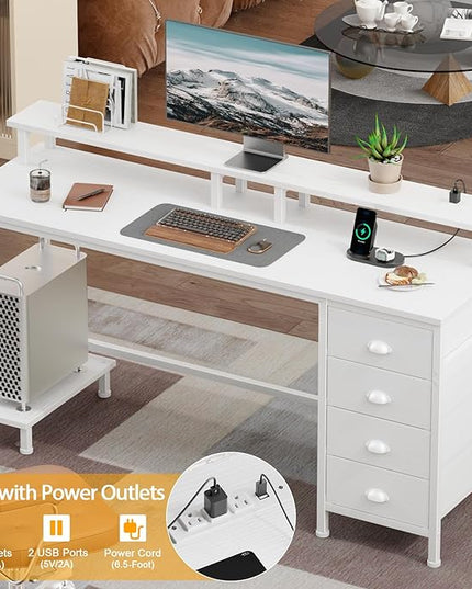 Furologee 55" White Computer Desk with 4 Fabric Drawers & Monitor Stand, Gaming Desk with Power Outlets - LED Lights, Home Office Space-Saving Study Table for Bedroom Small Spaces