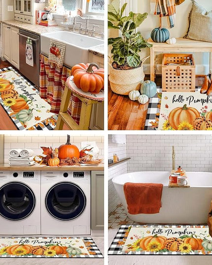 Pauwer Pumpkin Kitchen Rugs Set of 2, Farmhouse Buffalo Plaid Fall Kitchen Floor Mat, Non Slip Anti Fatigue Kitchen Mats for Floor, Cushioned Kitchen Runner Rug Set Fall Autumn Thanksgiving Decor