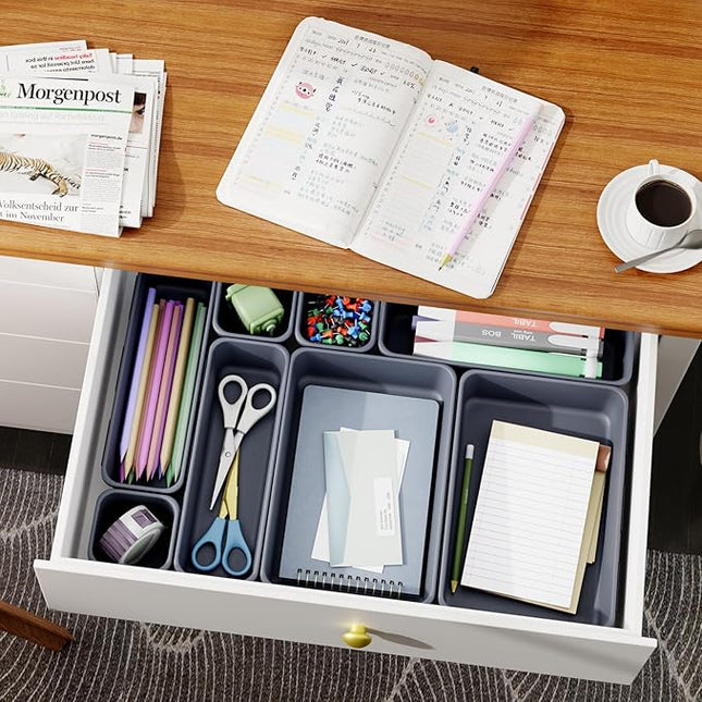 45 Pack Desk Drawer Organizer Tray, 3 Sizes Plastic Drawers Organizer Storage for Kitchen, Bathroom, Office, Vanity, Makeup, Utensils, Junk Drawer Organizer Bins, Gadget Trays for Organizing, Grey