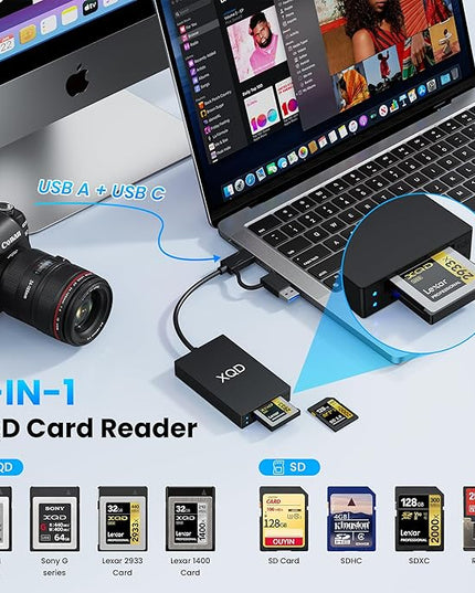 USB 3.0 XQD+SD Card Reader, 2-in-1 USB A and Type C 5Gbps Memory Card Reader with 2 Slots XQD/SD Compatible with Sony G/M Series, Lexar Mark Cards, Sony G Series, for Windows/Mac OS/Linux, Black