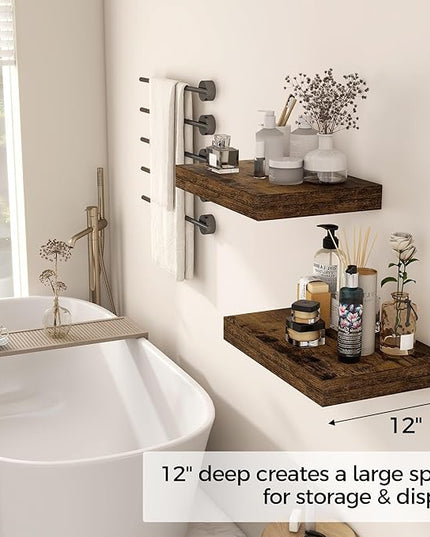 12 Inch Deep Floating Shelves, 16 x 12 Floating Shelf for Books, Rustic Wood Deep Wall Shelves for Home Storage & Display, 2" Thicked Shelves for Kitchen, Living Room, Bedroom, Rustic Brown, 2 Pack