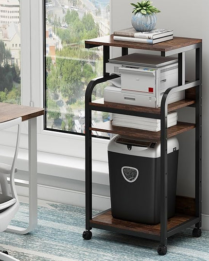 4-Tier Printer Stand with Adjustable Storage Shelf, Large Tall Printer Table with Wheels for Home Office Small Spaces Organization, Rustic Brown