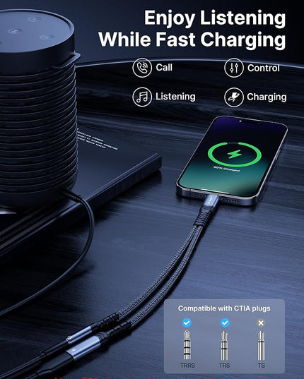JSAUX USB C to 3.5mm Headphone and Charger Adapter, 2-in-1 Type C to Aux Audio Jack with PD 60W Fast Charging Dongle Cable Compatible with iPhone 16 Pro Max/15 Pro Max, Galaxy S24/S23 Ultra, Pixel 7