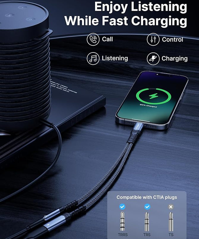 JSAUX USB C to 3.5mm Headphone and Charger Adapter, 2-in-1 Type C to Aux Audio Jack with PD 60W Fast Charging Dongle Cable Compatible with iPhone 16 Pro Max/15 Pro Max, Galaxy S24/S23 Ultra, Pixel 7
