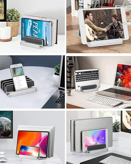 Vertical Laptop Stand [Updated Version],3-Slot Space-Saving Aluminum Desktop Stand Holder with Adjustable Dock Size Compatible for All MacBook/HP/Dell/Surface/Samsung/Chrome Book(Silver)