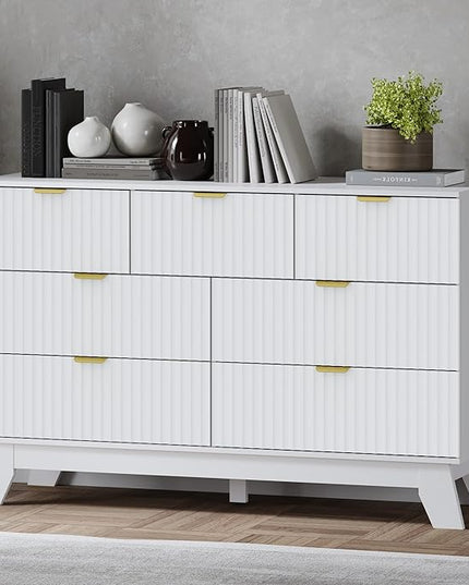 BORNOON Fluted 7 Drawer Dresser, 47.2" Wide Modern Boho Chest of Drawers, Wooden Storage Dresser TV Stand for Bedroom, Living Room, Closet, Hallway, Curved Profile Design