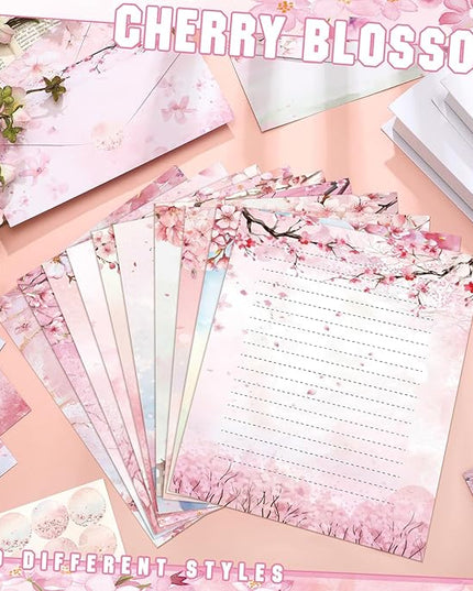 TaoBary 160 Pcs Stationery Paper Set 50 Double Sided Stationery Papers with 50 Matching Envelopes and 60 Round Dot Sticker, 10 Design(Cherry Blossom,8.5 x 11 Inch)