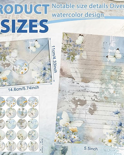 TaoBary 160 Pcs Stationery Paper Set 50 Double Sided Stationery Papers with 50 Matching Envelopes and 60 Round Dot Sticker, 10 Design (Serenity Junk,8.25 x 5.5 Inch)