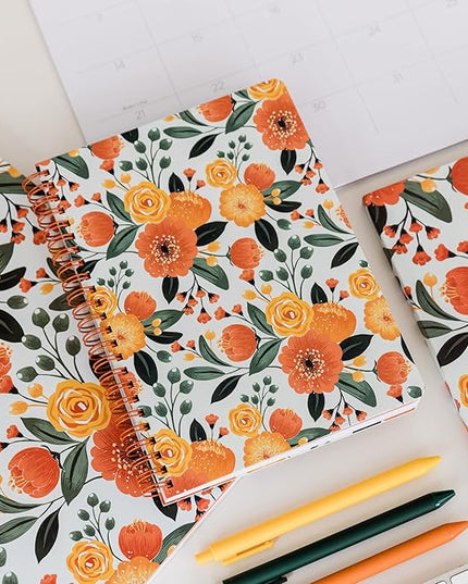 Steel Mill & Co Cute Mini Spiral Notebook, 8.25" x 6.25" Journal with Durable Hardcover and 160 Lined Pages, Orange Floral