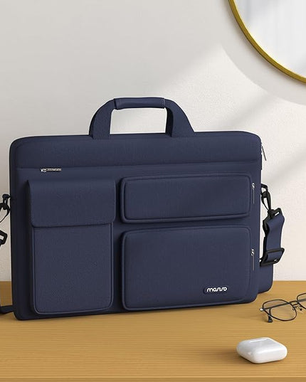 MOSISO Laptop Shoulder Bag 15.6 inch, 15-15.6 inch Computer Bag Compatible with MacBook Pro 16 inch, HP, Dell, Lenovo, Notebook with 2 Raised&1 Flapover&1 Horizontal Pocket&Handle&Belt, Navy Blue