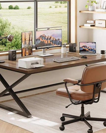 IBF Large Computer Desk, 78.7” Extra Long Home Office Desk, Wood Metal Work Desk for Study Writing, Farmhouse Simple Wide Double PC Gaming Computer Table Executive Workstation in Bedroom, Rustic Oak