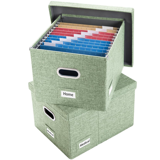 PRANDOM File Organizer Box - Set of 2 Collapsible Decorative Linen Filing Storage Hanging File Folders with Lids Office Cabinet Letter/Legal Size Green 17x14x11.2 inch