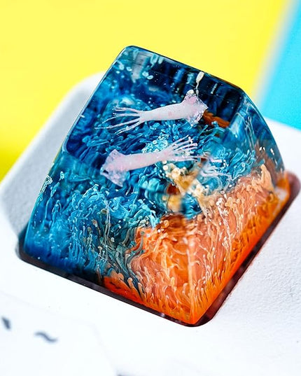 Couple Squids in Teal Orange Coral Artisan Keycap R1 SA Profile Custom Sea Creatures Keycaps 1U ESC Handmade Gaming Resin Key cap Cherry MX Switch Compatible Mechanical Keyboard Sea Ocean Lover Gift
