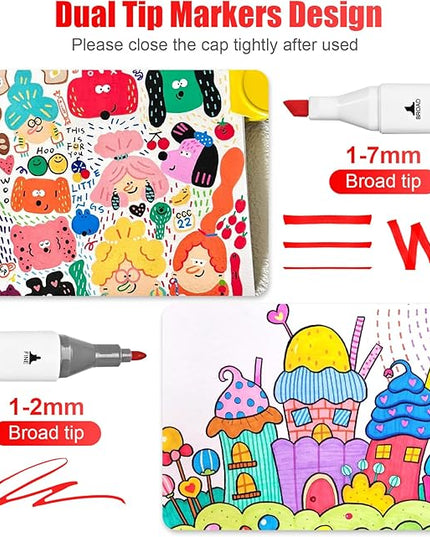 Taotree Alcohol Markers Set 100 Colors with Case & Holders, Dual Tips Art Coloring Markers Pens, Chisel & Fine Art Supplies Sketch Pens for Artist Adult Coloring Books Drawing, Painting, Sketching