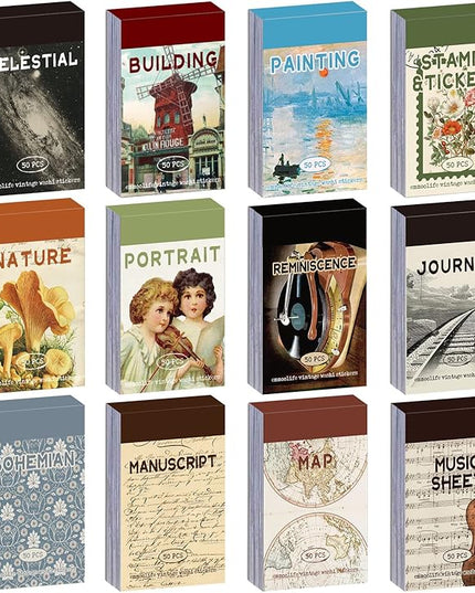 12 Sets 600 Sheets Washi Stickers for Journaling, Map Nature Celestial Portrait Boho Stickers Vintage Aesthetic Scrapbook Sticker Set for Bullet Journal Art Diary Card Craft Gifts Planner Notebook