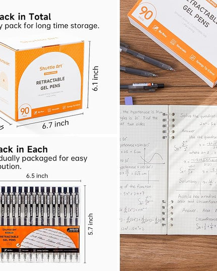 Shuttle Art Black Gel Pens, Ink Glide Series 90 Pack Retractable 0.5mm Fine Point Rollerball Gel Ink Pens Bulk Set Quick Drying Smooth Writing with Grip for Journaling Note Taking Office School Home