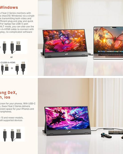 Portable Monitor - Mobile Pixels Duex Float 2.0 Pro 16-inch 2.5K Laptop Monitors, New Stacked Monitor for 15-16-inch Laptops. Built-in Dual Speakers, USB C/HDMI, Window/Mac/PC/Android Compatible
