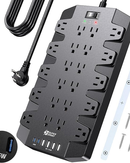 SUPERDANNY Power Strip Surge Protector with 10ft Extension Cord - 22 Outlets, 6 USB Ports, 45W Fast Charging - 1875W/15A, 2100J, 45°Plug, Mountable - Ideal for Home, Office, Gaming, PC, Streaming
