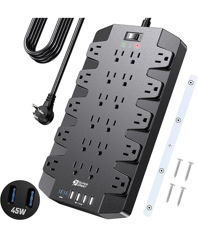 SUPERDANNY Power Strip Surge Protector with 10ft Extension Cord - 22 Outlets, 6 USB Ports, 45W Fast Charging - 1875W/15A, 2100J, 45°Plug, Mountable - Ideal for Home, Office, Gaming, PC, Streaming