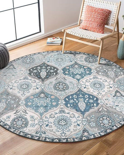 Lahome Moroccan Trellis Washable Round Rugs, Non-Slip Soft Round Rug 4ft Ultra-Thin, Small Vintage Circle Carpet for Entryway Kitchen Bedroom Nursery Bathroom, Blue
