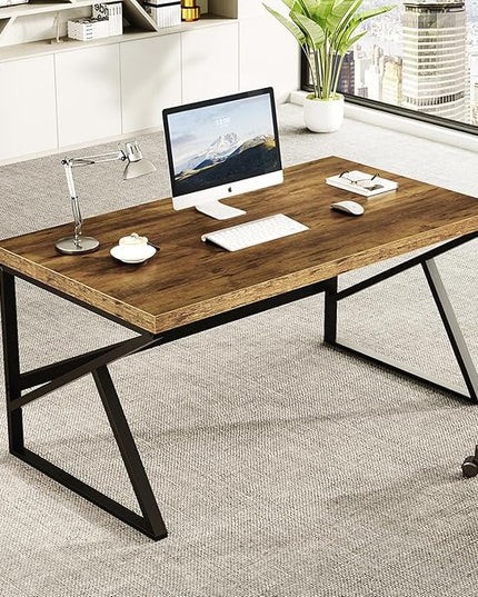 HSH Rustic Brown Desk, Industrial Home Office Computer Desk, Farmhouse Metal and Wood Computer Table, Simple Bedroom Laptop PC Desk for Student Writing Study Gaming Executive Workstation, 55 in