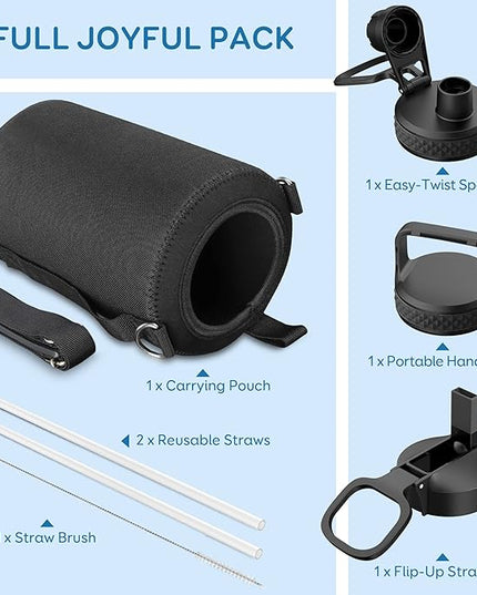 Coolflask Gallon Water Bottle Insulated with Straw&3 Lids, 128 oz Water Jug Large Stainless Steel Metal Vacuum Wide Mouth for Sports, Gym or Office, Non-BPA Keep Cold 48H Hot 24H, Magic Black