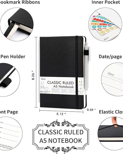 feela 18 Pack Journal Notebook for Work, Business Notebook Bulk Hardcover Lined Writing Journal with Pen Holder for Men Women Note Taking, with 18 Black Pens, 120 GSM, 5.1”x8.3”, A5, Black