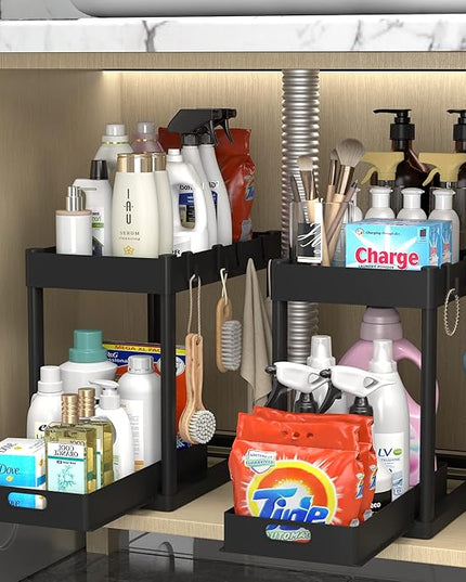 2PC Under Sink Organizer Rack 2 Tier Under Sliding Cabinet Basket Organizer Drawer with 4 Hooks, Multi-purpose Under Sink Storage for Bathroom Kitchen Desktop（Black）