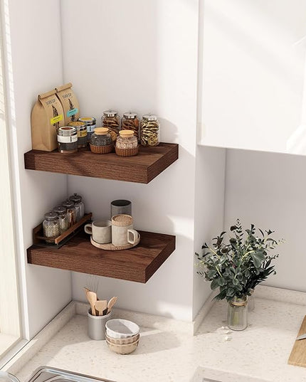 12 Inch Deep Floating Shelves, 16 x 12 Floating Shelf for Books, Rustic Wood Deep Wall Shelves for Home Storage & Display, 2" Thicked Shelves for Kitchen, Living Room, Bedroom, Walnut Color, 2 Pack