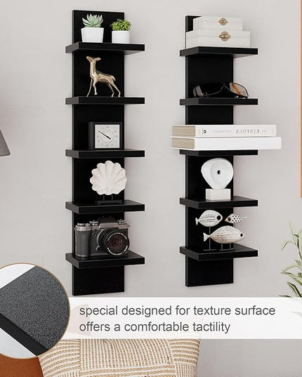 Fun Memories 5 Tier Wall Shelf Unit, Black Floating Shelves for Storage - Vertical Column Tower Design, Lack Wall Shelf Space Saving Organizer for Bedroom, Living Room, Home Decor， 2Pack