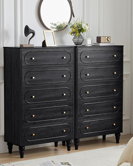 ORRD 5 Drawer Fluted Dresser for Bedroom, Mid Century Modern Chest of Drawers, Wood Storage Large Dresser Organizer for Bedroom Living Room Hallway Closet, Black