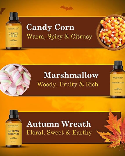 MAJESTIC PURE Essential Oil Blends Gift Set, 100% Pure & Natural Halloween Collection - Autumn Wreath, Pumpkin Pie, Candy Corn, Marshmallow, Night Air, Caramel Corn - 2 Fl oz
