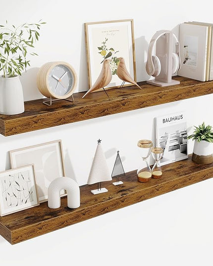 Fun Memories 40 Inch Floating Shelves, Long Wood Wall Shelf Set of 2 with Invisible Brackets, for Bathroom, Living Room, Bedroom, Kitchen, Rustic Brown