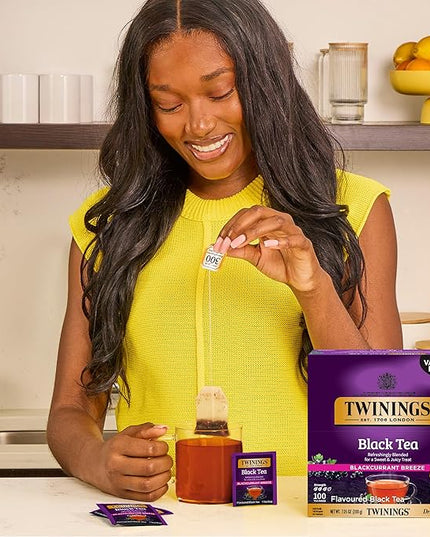 Twinings Blackcurrant Breeze Black Tea Individually Wrapped Bags, 100 Count (Pack of 1), Sweet, Tangy Taste, Caffeinated, Enjoy Hot or Iced, 100 Teabags
