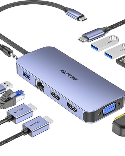 BENFEI 11-in-1 USB C Hub Triple Display Docking Station Dual HDMI, VGA, 3*USB 3.0, 1Gbps Ethernet, 100W Power Delivery, SD/TF Card Reader, 3.5mm AUX Audio Compatible with MacBook XPS Surface