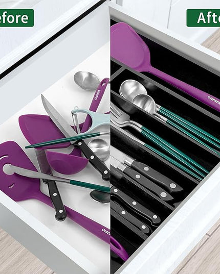 Utoplike Bamboo Silverware Drawer Organizer, Expandable Kitchen Utensils Drawer Organiser, Cutlery Tray Dividers, Flatware Caddy Drawer Insert, Office Supplies, Black 5-7 Slot