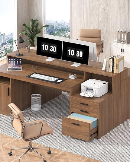 Computer Desk with 3 Drawers & Storage Shelves, 65 Inch Home Office Desk with File Drawer & Cabinet, Writing Study Desks with Monitor Stand & Printer Shelf, Executive Desk, Brown