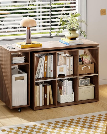 BLANKSPACE L-Shaped Computer Desk with 360° Swivel Desktop & 6 Open Shelves, Corner Desk - Rotating Home Office Desk Yili Walnut